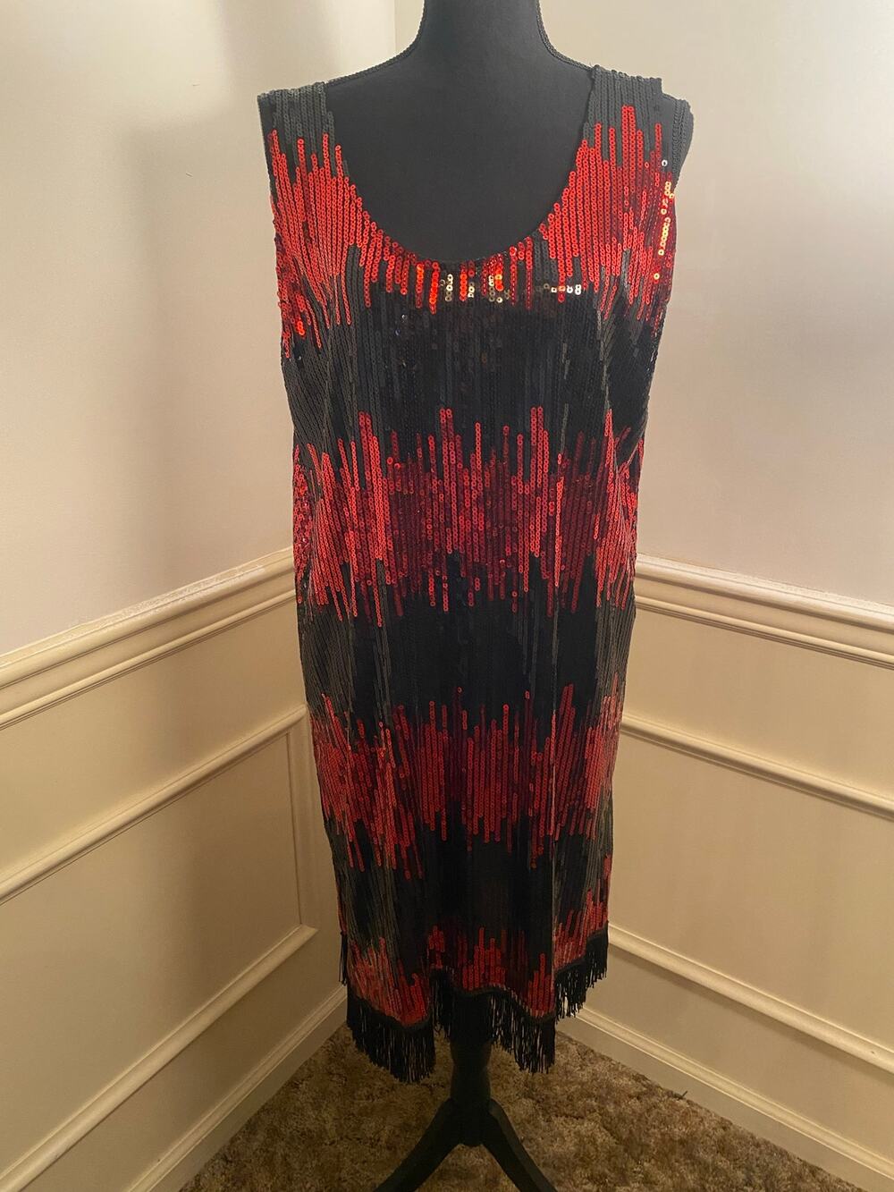 Jerry Beck Red & Black Sequin Flapper Dress Fringe Roaring 1920s Gatsby Costume